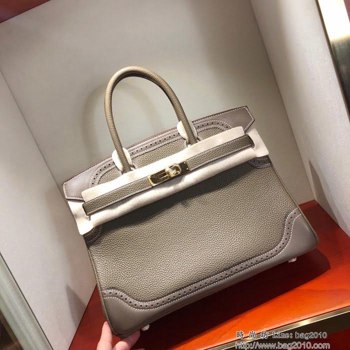 HERMES愛馬仕 鉑金包 Birkin Ghillies 30Cm Swif拼Tc 18 Etoupe 大象灰 銀扣 頂級工藝 手縫蠟線 時尚手提包  Ama1596